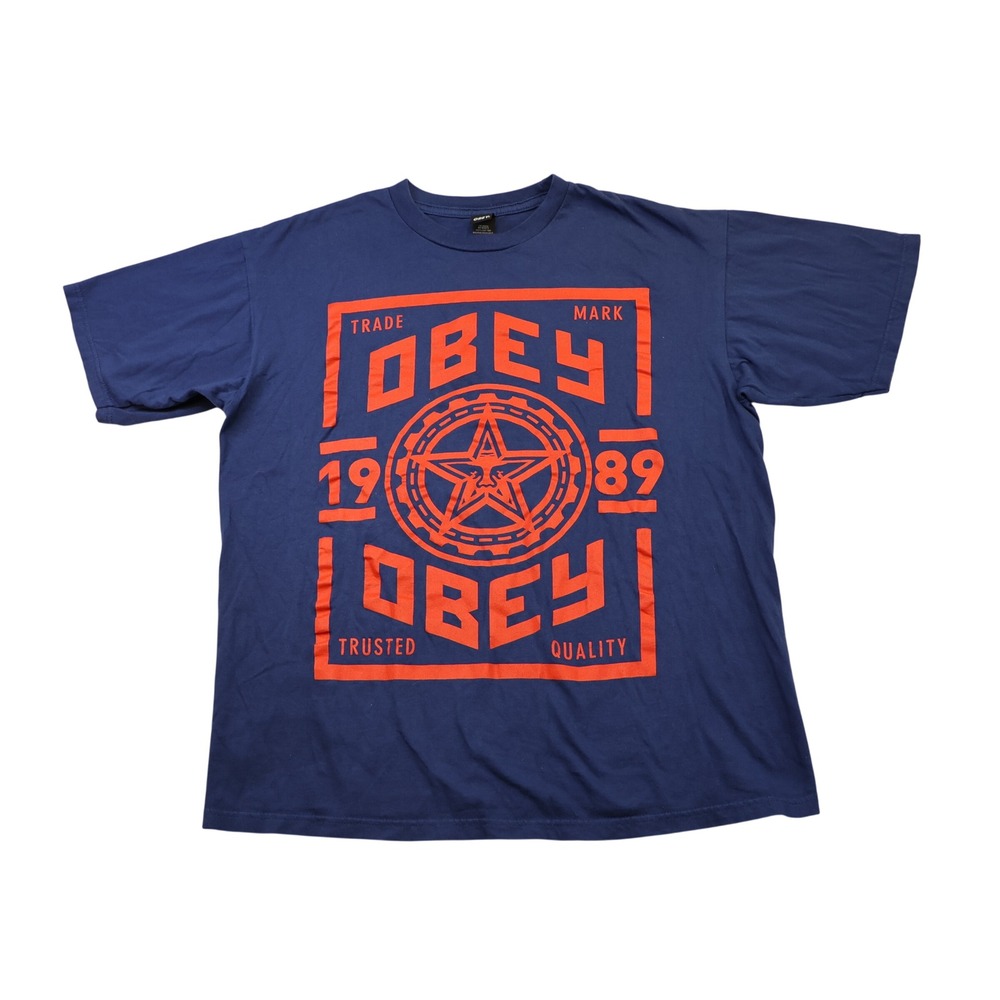 Obey Mens L T-Shirt Navy Blue Orange Graphic Star Logo 1989 Streetwear